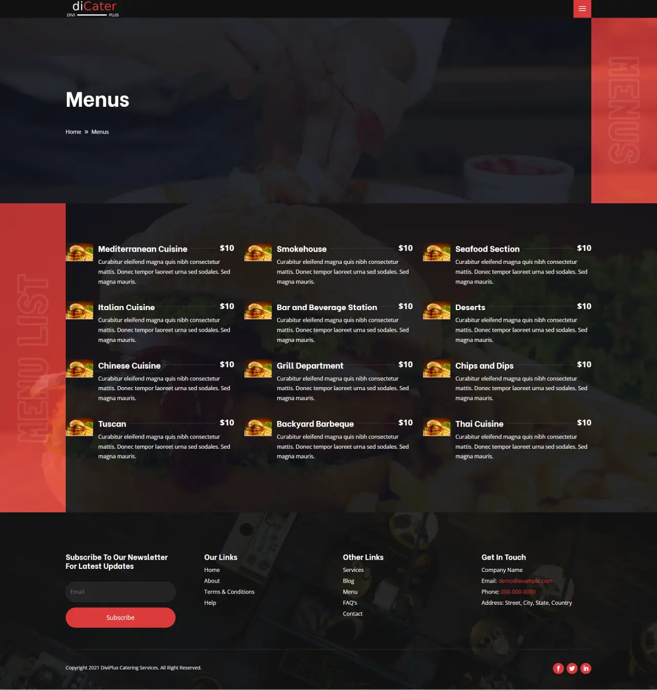 Divi Plus Catering Services Child Theme Menu