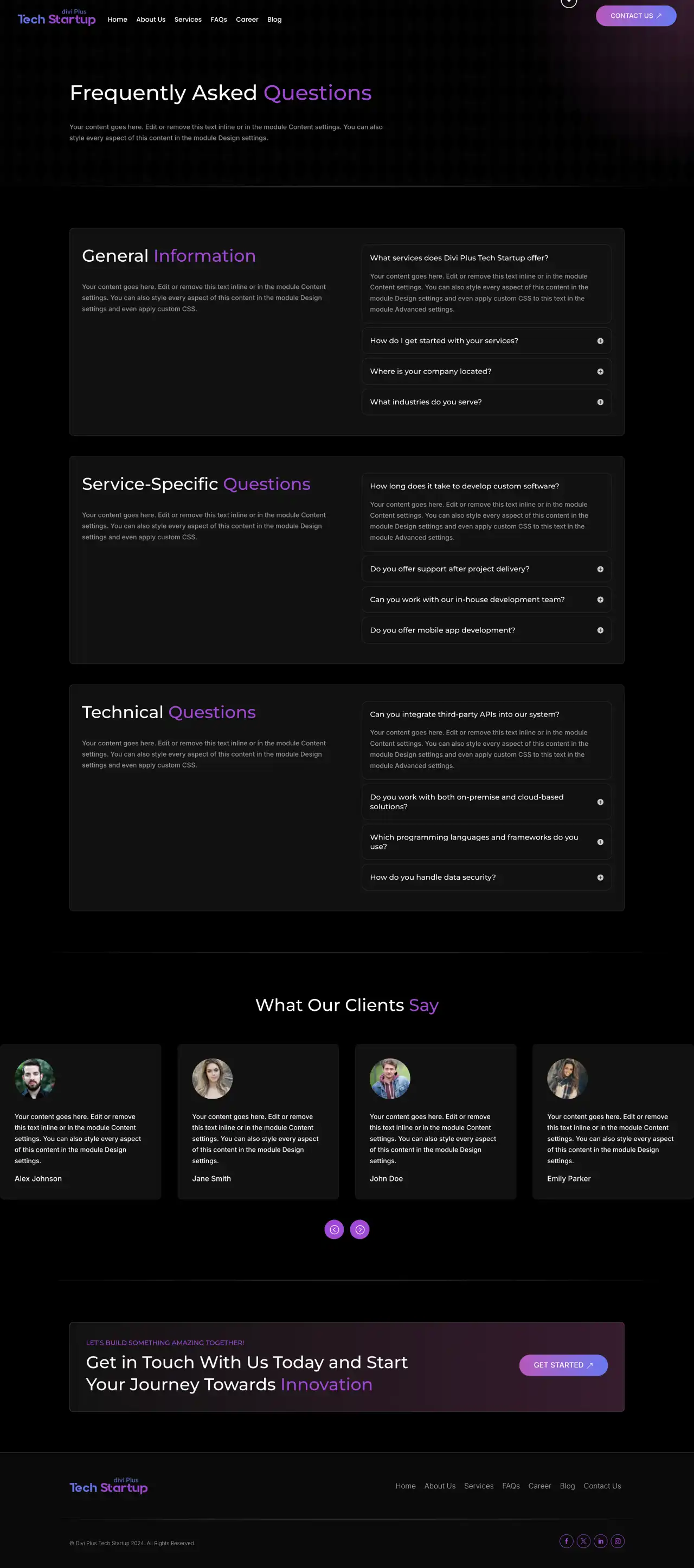 divi-plus-tech-startup-faqs Divi Plus Electronics Store Child Theme