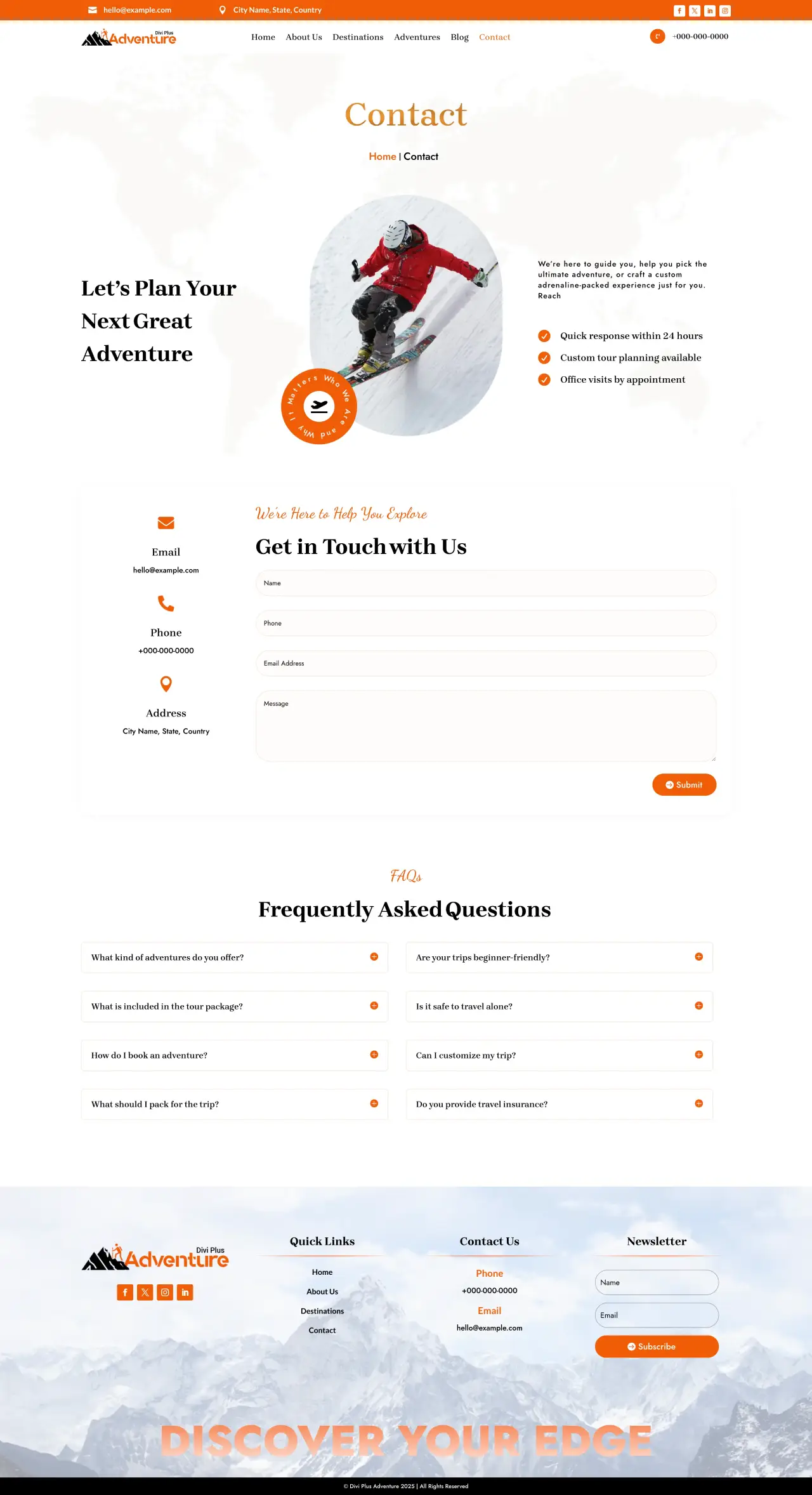 Divi Plus adventure child theme contact