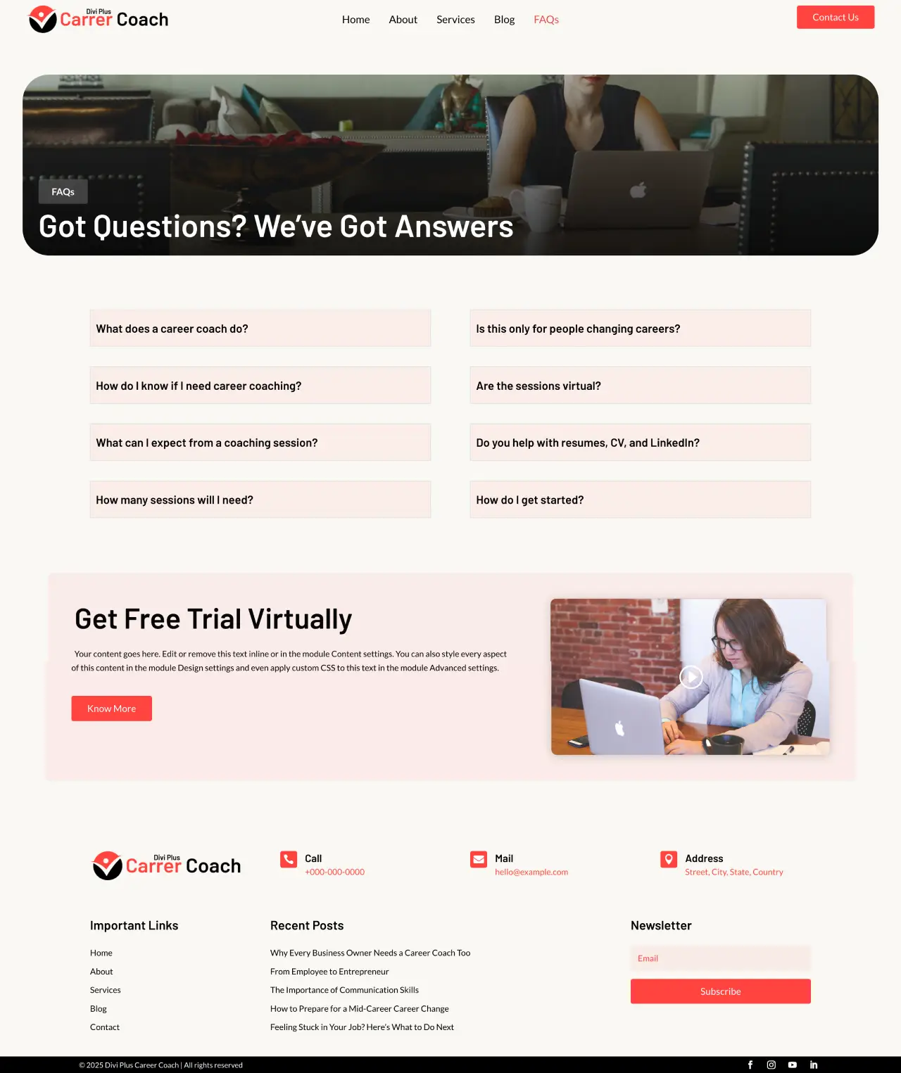 Divi Plus career coach child theme faqs