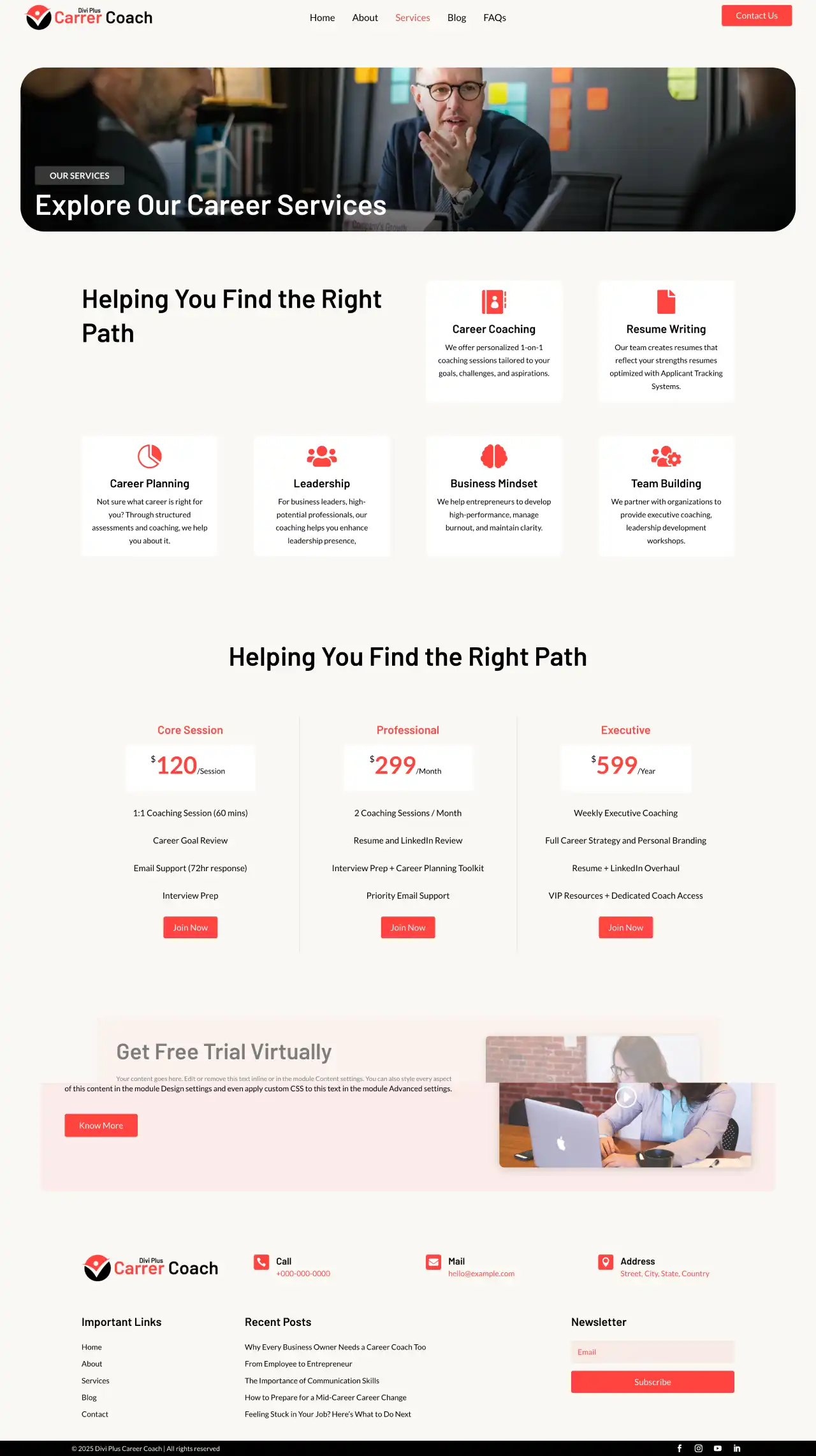 Divi Plus career coach child theme services