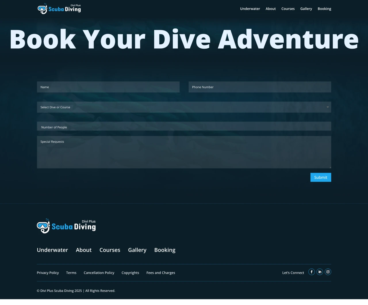 Divi Plus scuba diving child theme booking