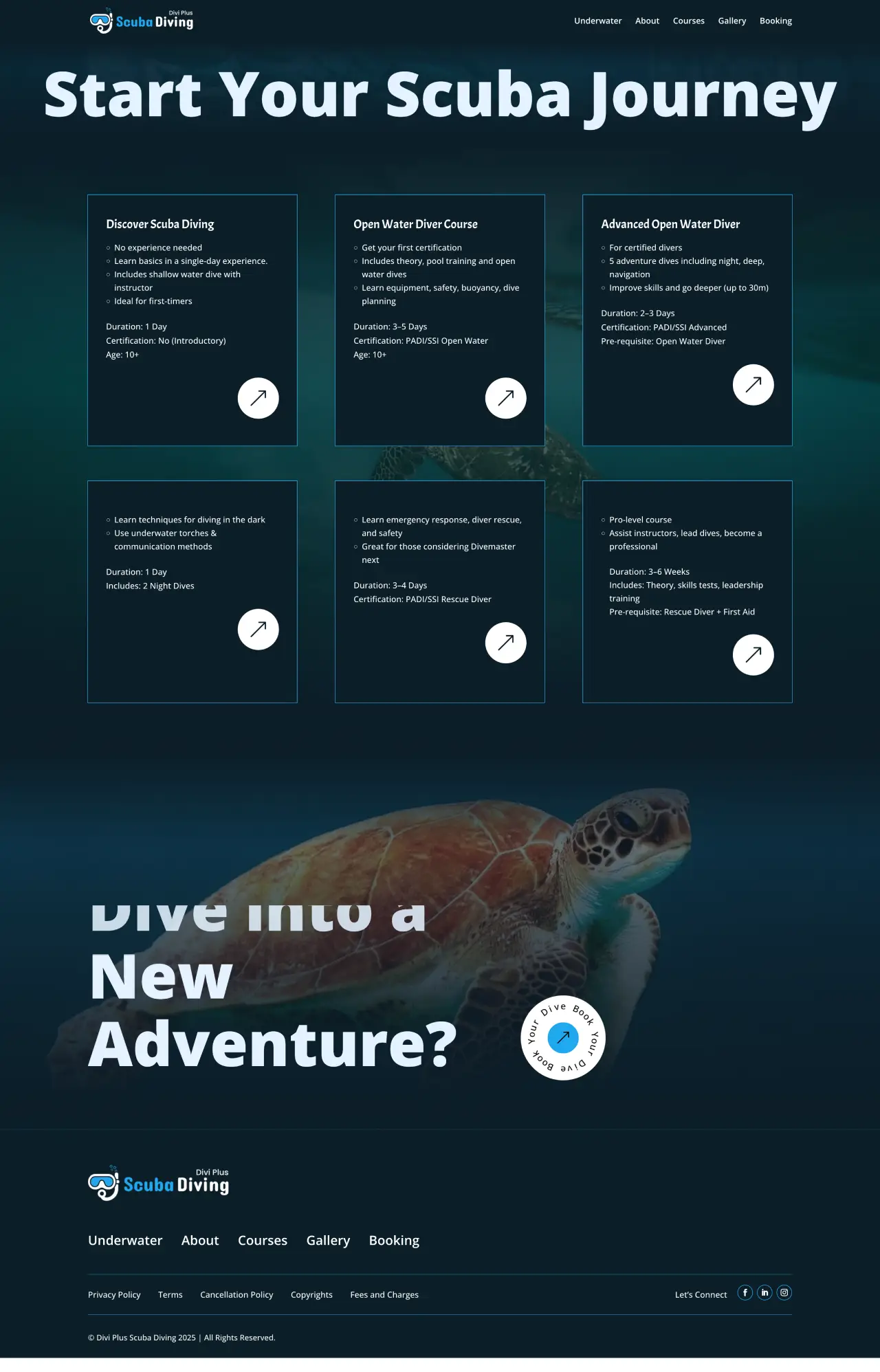 Divi Plus scuba diving child theme courses