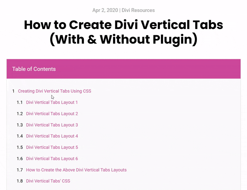 Divi table of contents module