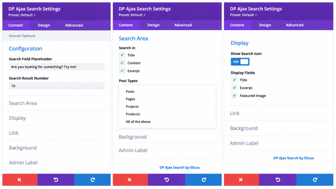 Divi plus ajax search setting preview